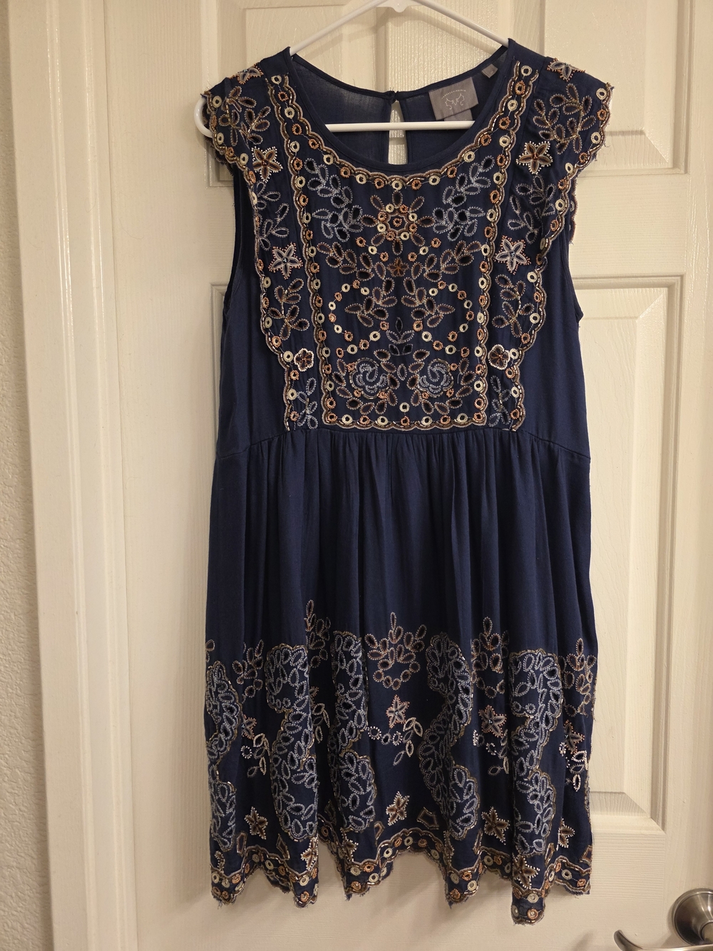 Navy Embroidered Sleeveless Midi Dress